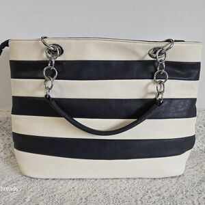 Cleo Black Cream Striped Shoulder Tote Bag